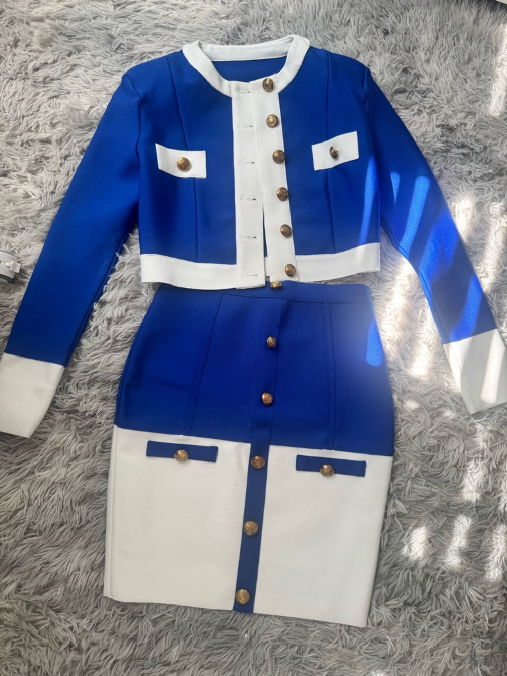 Cobalt Blue and White Two-Piece Button-Front Skirt Set